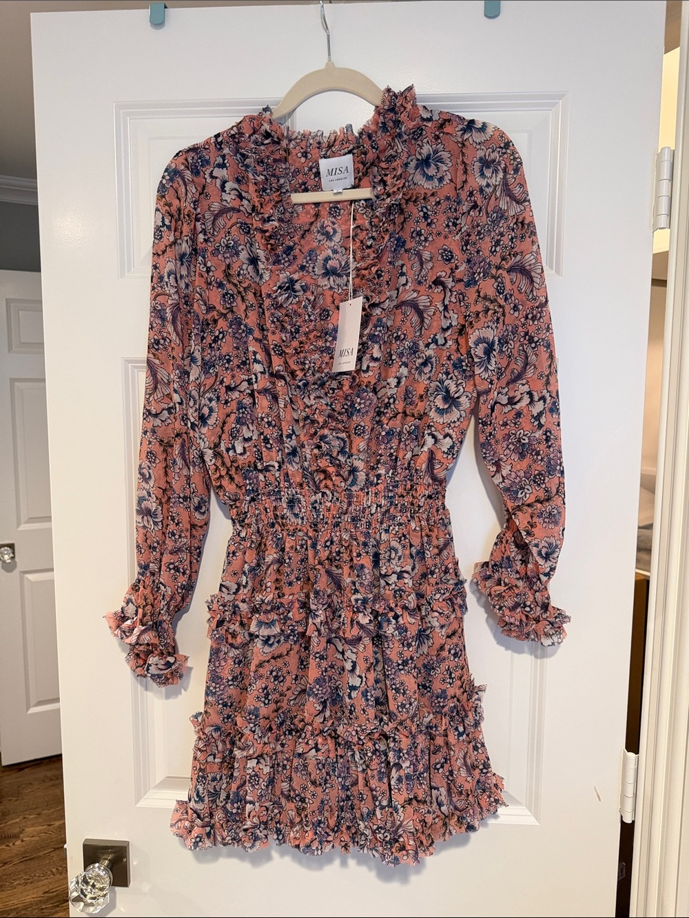 Misa Los Angeles Dusty Pink Floral Ruffled Long-Sleeve Dress
